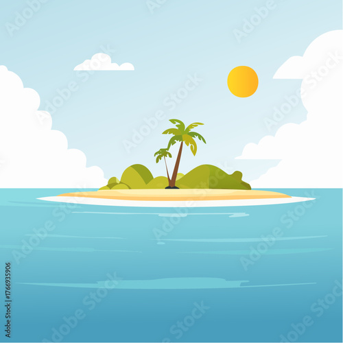 Scenic vista of a tropical atoll with clear waters and sandy shores under a bright blue sky