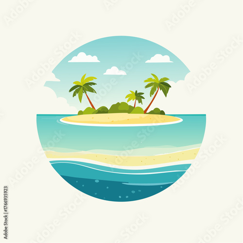 Scenic vista of a tropical atoll with clear waters and sandy shores under a bright blue sky