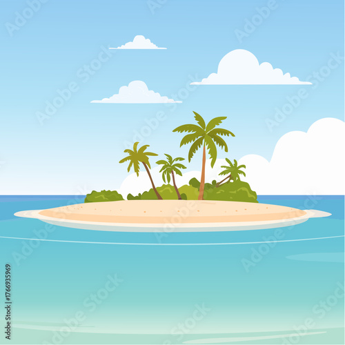 Scenic vista of a tropical atoll with clear waters and sandy shores under a bright blue sky