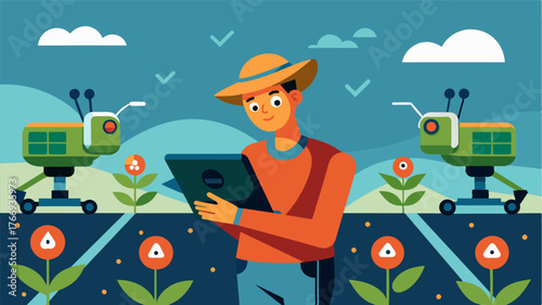 A farmer monitoring multiple robotic seed planters remotely using GPS technology ensuring no area of the farm is left unplanted.. Vector illustration