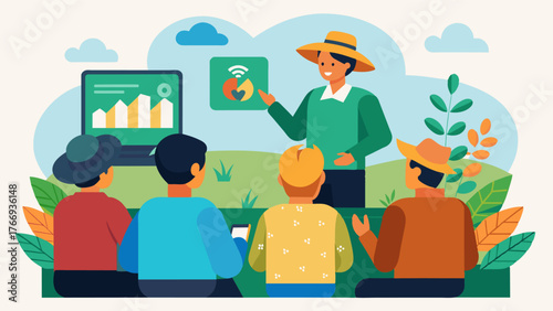 A group of farmers attending a workshop on AIenhanced crop forecasting learning about the latest advancements and how to integrate them into their own farming practices.. Vector illustration