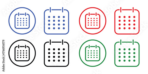 Calendar Icons: A collection of various color calendar icons, each circle-framed symbol representing the concept of schedules, planning, and organization