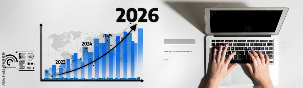 Fototapeta premium A detailed growth projection chart for 2026 alongside a laptop workspace, showcasing future business trends and digital analysis integral for corporate strategy and development. Tessel