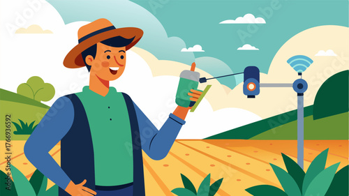 A farmer using a voicecontrolled assistant to adjust their irrigation system while they are out in the field.. Vector illustration