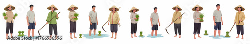 Set of Asian rice farmers planting seedlings in a flooded paddy field, holding tools and bundles of green shoots.