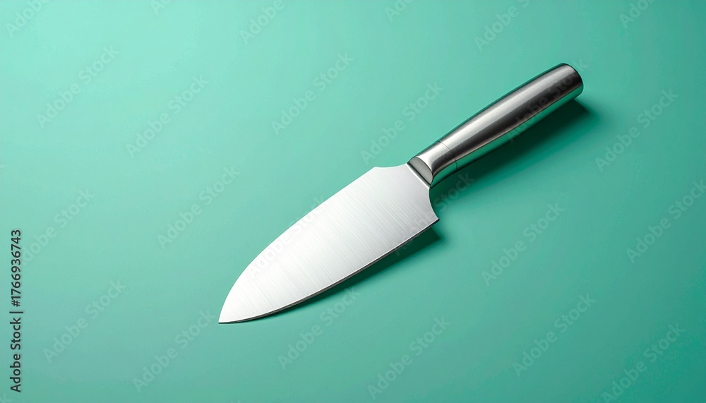 Fototapeta premium Professional Santoku kitchen knife with a steel handle on a teal background.