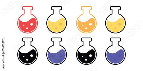 Color Chemistry: A collection of flasks, each showcasing a unique blend of vibrant colored liquid and bubbles, designed for diverse scientific experiment and research.