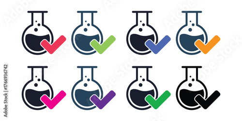 Laboratory Flask Icons: A collection of laboratory flask icons, each adorned with a checkmark, symbolizing scientific validation.