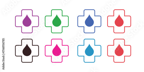 Blood drop in a cross icon: A collection of various colorful medical symbols, with blood drops in different colors. This abstract image symbolizes blood donation, medical services.