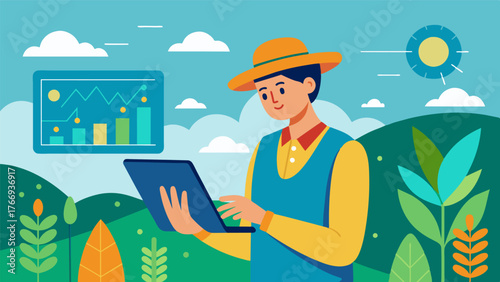 A farmer using a digital tool to assess realtime data on crop growth stages and predict optimal harvesting times.. Vector illustration