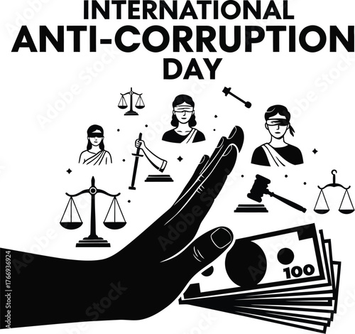International anticorruption day illustration, featuring hand stopping money, scales, and judges, symbolizing justice