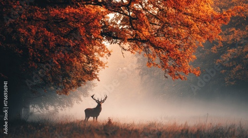 Majestic Stag Stands Silhouetted Against Fiery Autumn Foliage and Ethereal Morning Mist