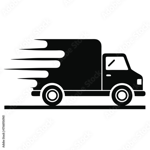 The black delivery truck moves swiftly with speed lines behind its silhouette form
