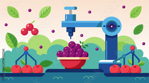 A machine that uses artificial intelligence to analyze the color and firmness of each berry before picking ensuring only the ripest ones are harvested.. Vector illustration