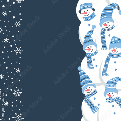 Christmas Frame with Cute Snowmen. Christmas Greeting Card Template with Blank Space for Wishes. Holiday Border. Happy Snowmen in Hats, Scarves. Snowflakes. Vector in Blue, White on Dark Blue.