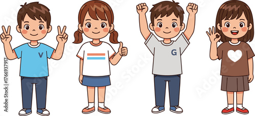 Cartoon children making hand gestures in colorful outfits, diverse expressions, playful poses, multicultural group illustration for educational and joyful themes
