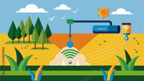 A comparison illustration between a field with traditional irrigation ods versus a field with realtime soil moisture sensors showing healthier and more robust crops in the latter.. Vector illustration