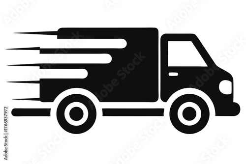 Black silhouette showcases a delivery van swiftly moving forward, demonstrating speed and efficiency for deliveries