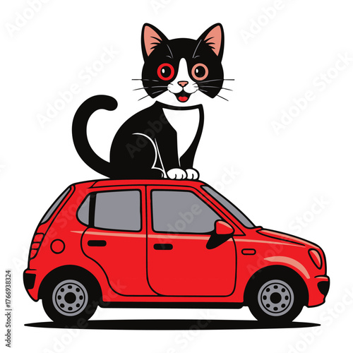 Cute cartoon black and white cat sitting on a red car isolated on white background