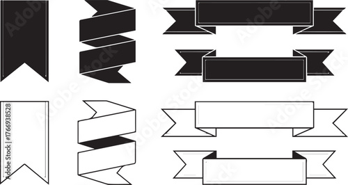 Vector art of black and white illustration of various ribbon banner shapes