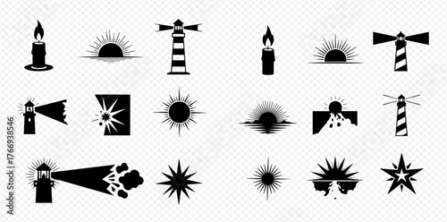 A collection of black and white icons featuring candles, suns, lighthouses, and stars.