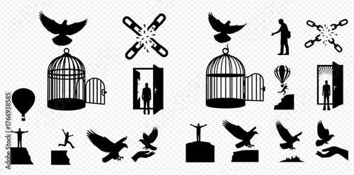 Silhouettes depicting freedom, escape, and overcoming obstacles, including birds, open doors, and broken chains.