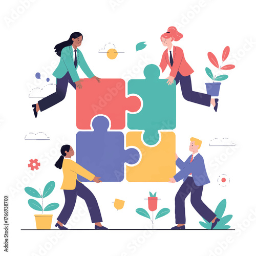 Diverse team of four people working together to assemble a large fourpiece jigsaw puzzle isolated on white background