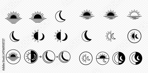 A collection of sun and moon phase icons in black and white, arranged in rows and columns.