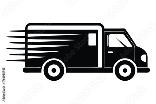 Black silhouette of a box truck speeding with motion streaks on a white backdrop