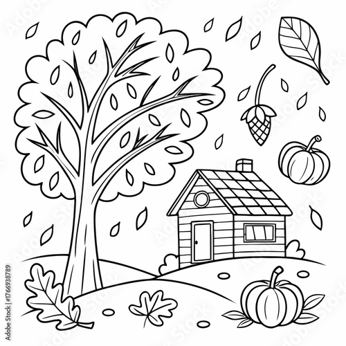 Autumn doodle hand-drawn Coloring page of vector illustration