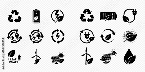 Collection of eco-friendly and sustainable energy icons in black.