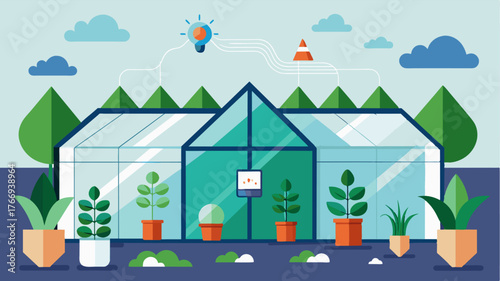 A greenhouse equipped with AIpowered climate control systems that adjust temperature humidity and lighting to optimize crop growth and increase yield.. Vector illustration