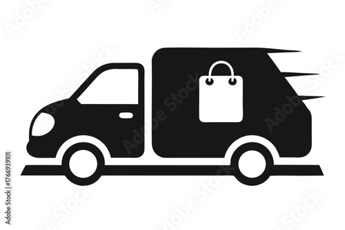 Black delivery van icon with shopping bag symbol moves swiftly in transport