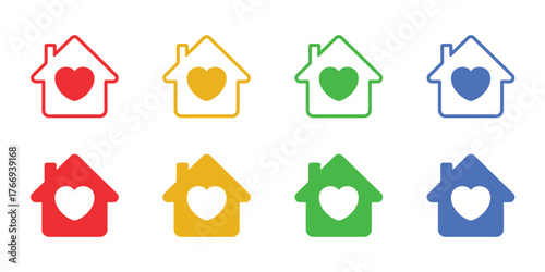 Homes with Love: a collection of charming house illustrations, each adorned with a heartwarming heart symbol, painted in a spectrum of vibrant colors, symbolizing love and warmth.