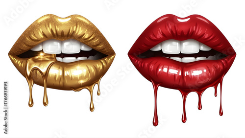 Golden and red dripping lips art beauty makeup glamour fashion design illustration vector graphic 3d on transparent background