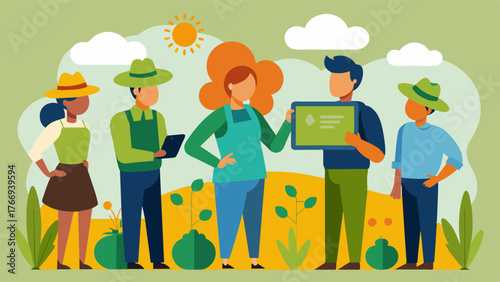 A group of farmers gather around a tablet viewing a realtime harvest prediction model that is able to adjust for changes in weather and climate conditions.. Vector illustration