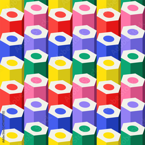 Colorful Geometric Pencil Seamless Pattern Design with Bright Vibrant Shapes and Symmetrical Layout for banner, card