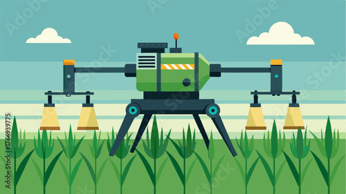A closeup of an autonomous herbicide sprayer highlighting its ecofriendly features such as precise dosage control and reduced chemical use promoting sustainable agriculture. Vector illustration