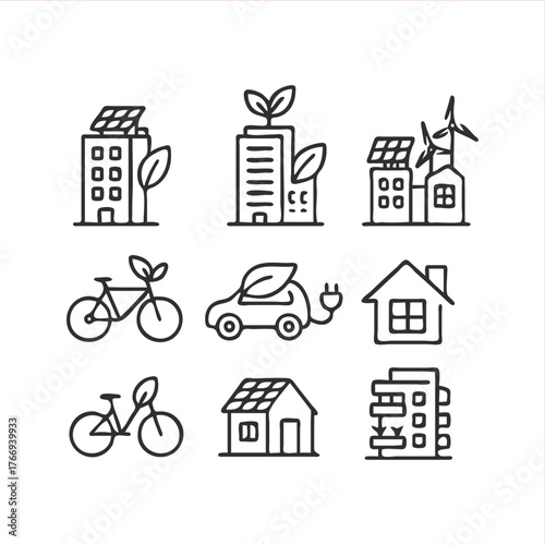 Sustainable living icons showcasing eco friendly homes, renewable energy sources, and green transportation options for a modern environmentally conscious lifestyle