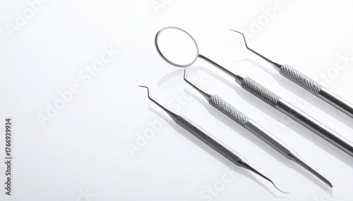 Professional dental instruments on a clean white background for oral care.