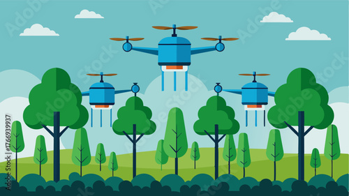 A fleet of drones equipped with water and fertilizer spraying attachments ensure even distribution of resources and promote optimal tree growth in largescale industrial forests.. Vector illustration