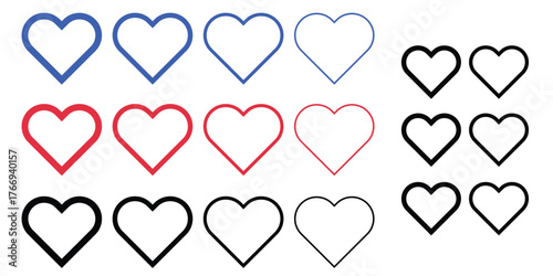 Symbol of Affection: A set of outlined heart shapes in varying colors, offering a versatile visual metaphor for love, care, and emotion. 
