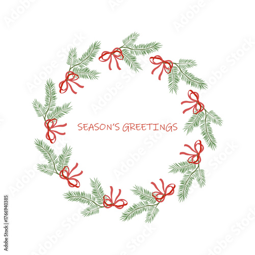Christmas wreath Pine branch with bows on white background Christmas element Fir tree and Christmas tree decoration Pine tree on light background Vector illustration