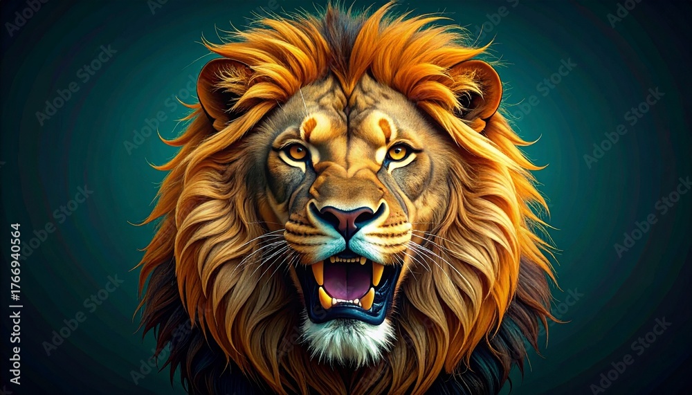 Naklejka premium Majestic roaring lion with a fiery golden mane illustration.
