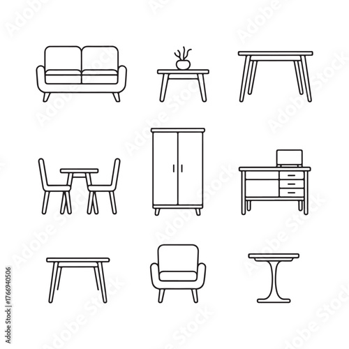 Set of furniture icons, including sofa, tables, chairs, and wardrobe, isolated on white background