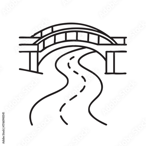 Simple line art illustration of a bridge over a winding river