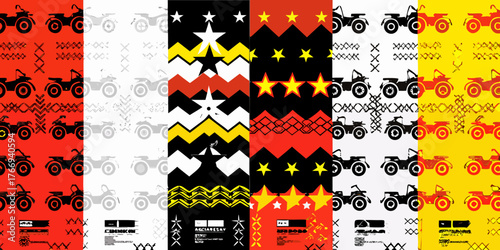 Collage of atv illustrations and graphic patterns in bold colors and monochrome