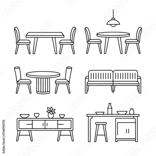 Set of line art icons for dining room furniture and kitchen island, isolated on white background