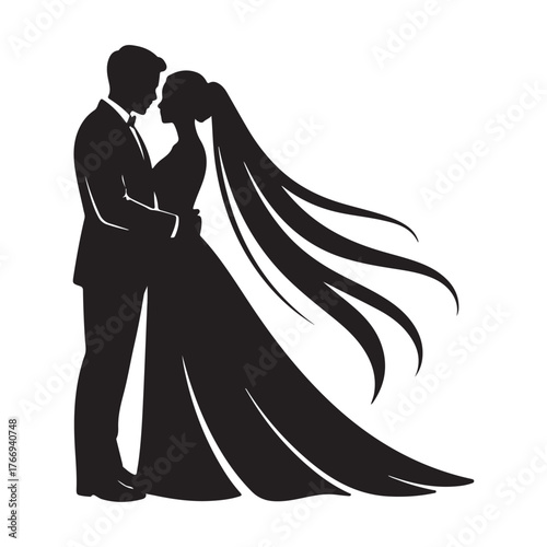 Silhouette of a bride and groom embracing, isolated on white background