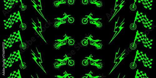 Seamless pattern of green checkered racing flags and motocross bikes with lightning bolts on black background